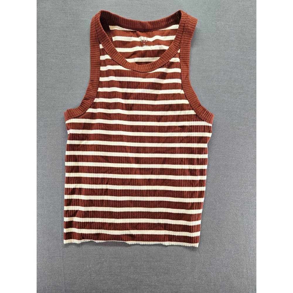 Gap Womens High Neck Ribbed Tank Top Brown White Striped Sleeveless Small S